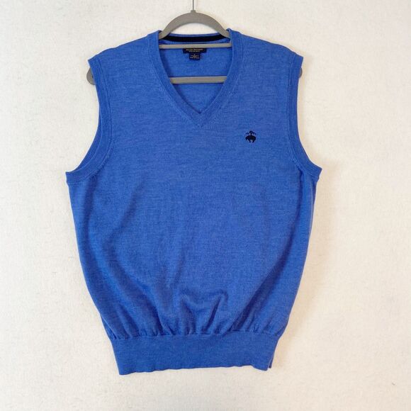 Brooks Brothers Merino Wool Sweater Vest Men L Blue Vneck Logo Knit Quiet Luxury - Picture 1 of 8